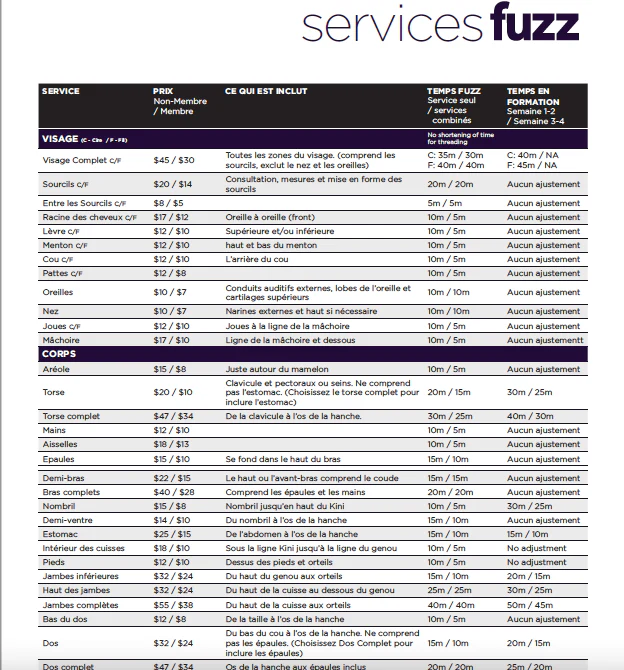 PRINT - Fuzz Price List and Service Times - FRENCH