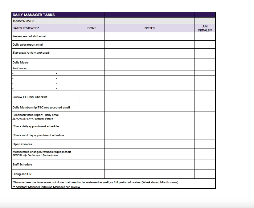 PRINT - Daily Manager's task list - ENGLISH