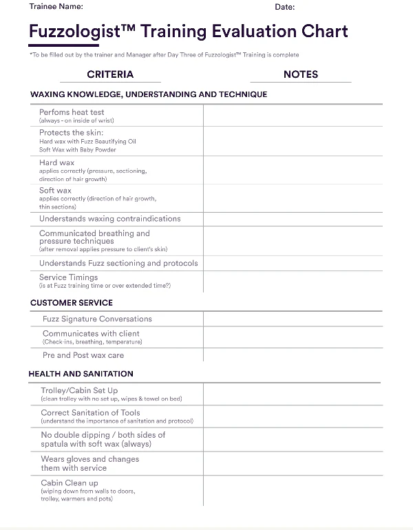 PRINT - Fuzzologist Training Evaluation Chart - ENGLISH