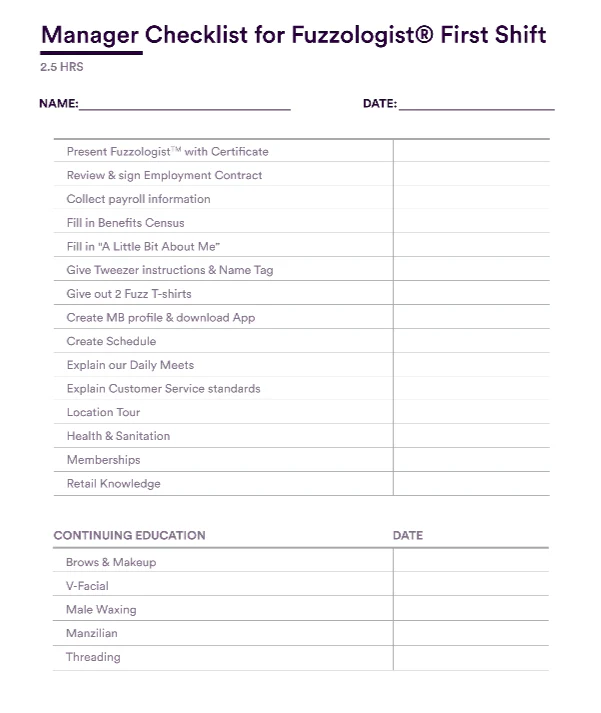 PRINT - Manager Checklist for Fuzzologist 1st week - FRENCH