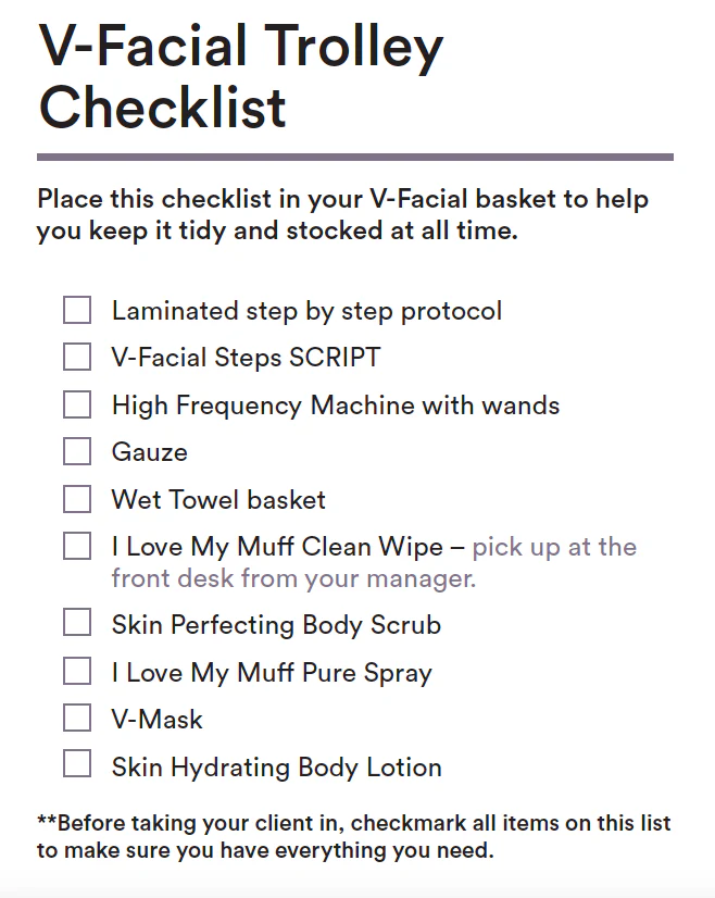PRINT - V-facial Trolley Checklist - ENGLISH